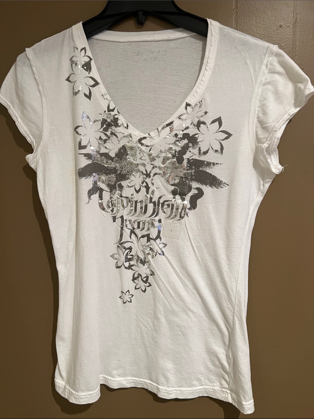 Calvin Klein Women's Silver and White V-Neck Floral Graphic Tee SzL NEW